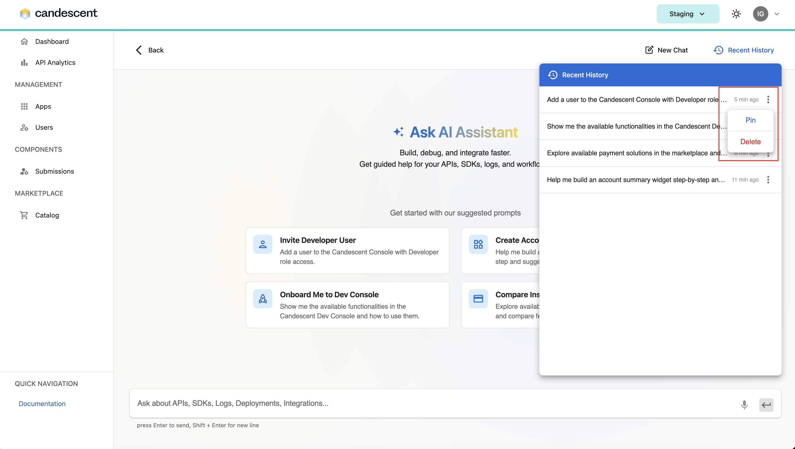 Conversation actions menu with pin and delete