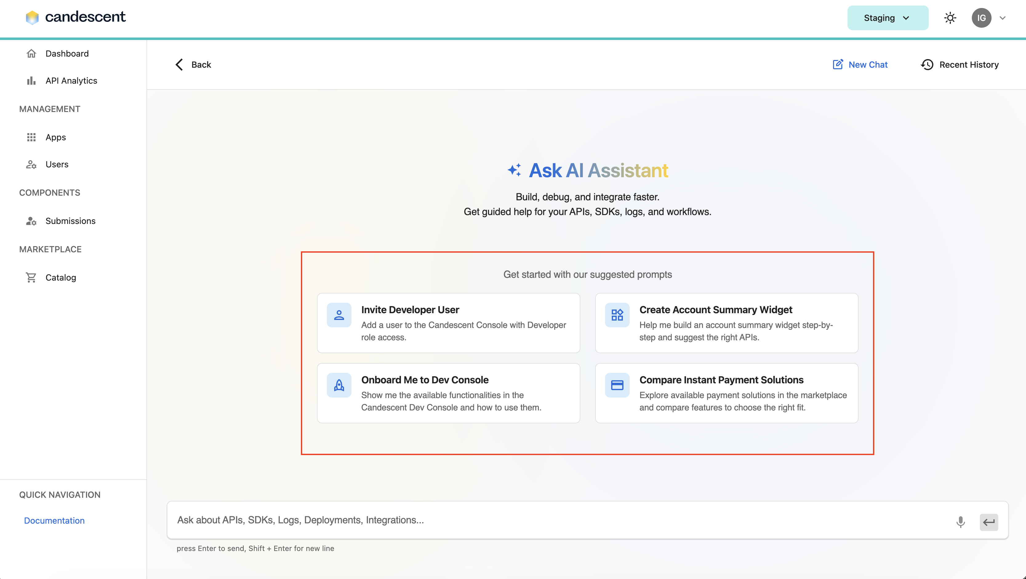 Welcome screen with suggested prompt cards